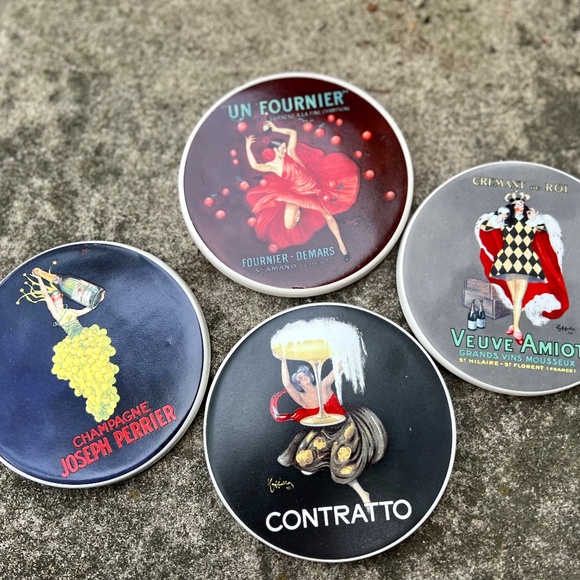 Four colorful Pottery barn ceramic coasters, French champagne theme, - Picture 1 of 6